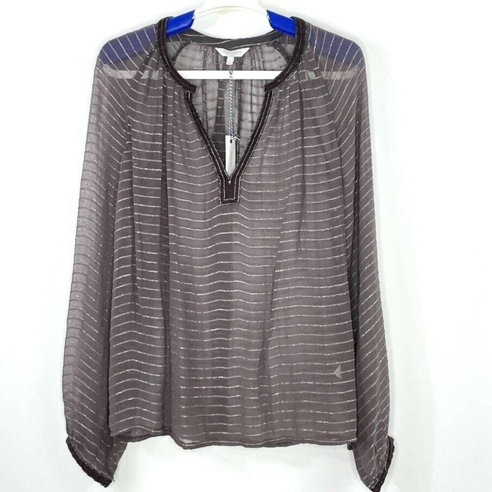 Lucky Brand Boho Peasant Blouse Brown Sheer Silver Stripes Size Small NEW